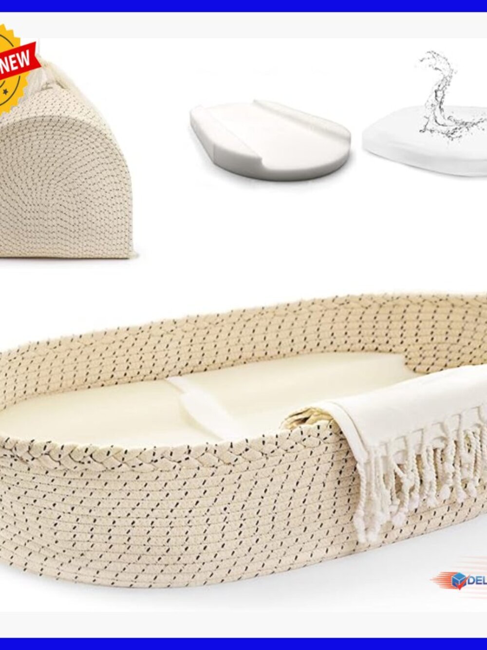 Portable Baby Changing Basket, Waterproof Dual-Cover, Organic Cotton Rope,